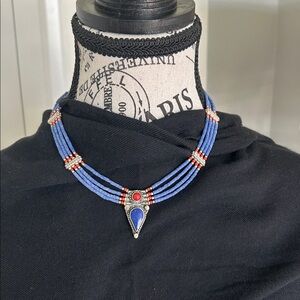 Blue and Red Layered Beaded Necklace with Silver Accents
